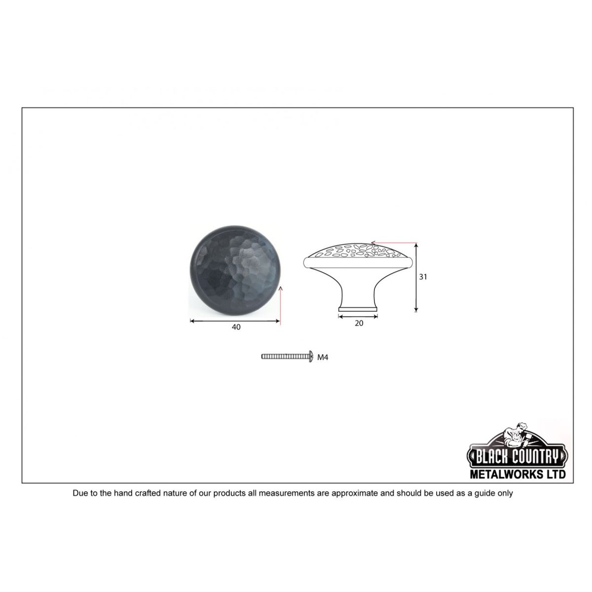 40mm Black Hammered Iron Cabinet Knob Dimensions