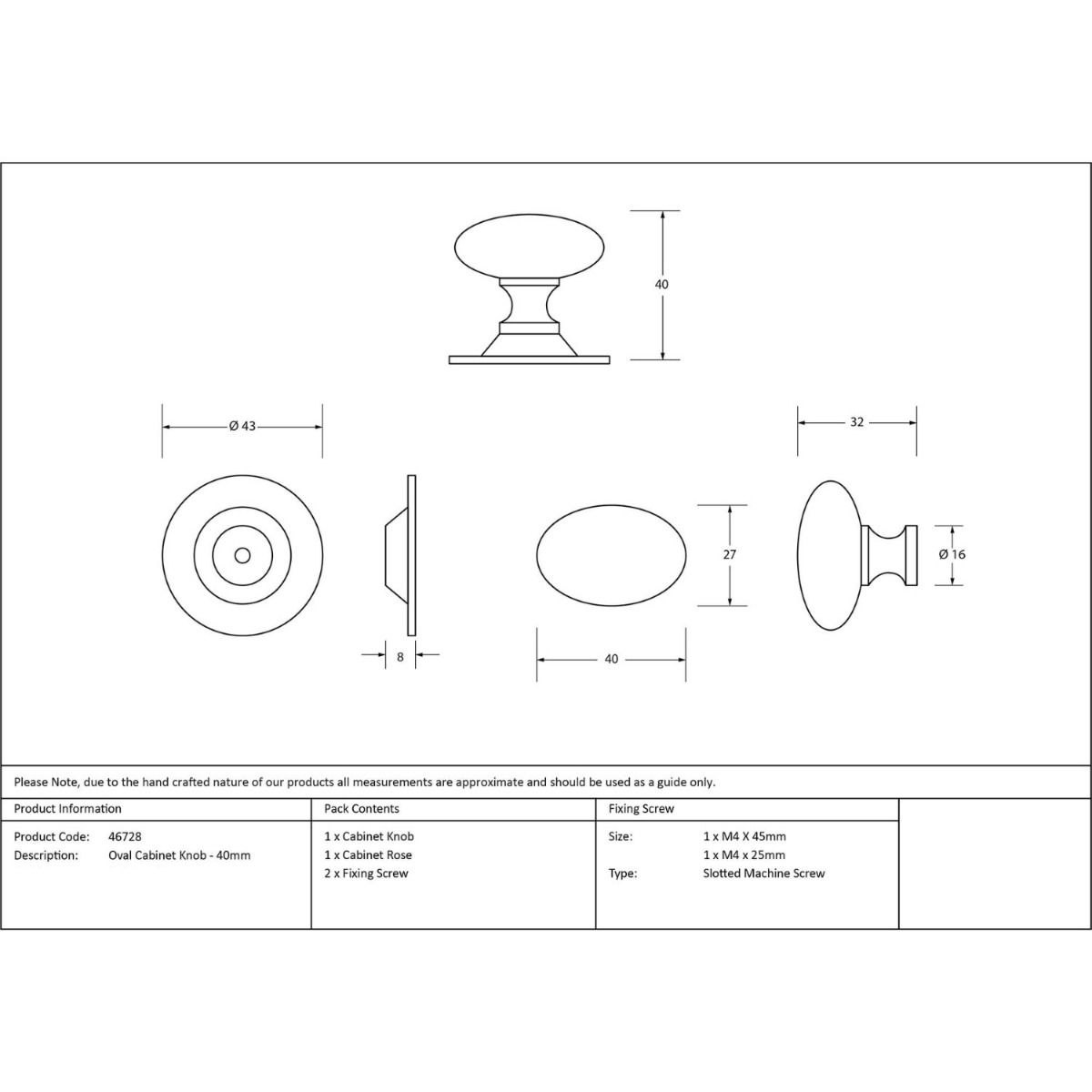 The Polished Bronze 40mm Traditional Oval Cabinet Knob Technical Drawings and Dimensions 