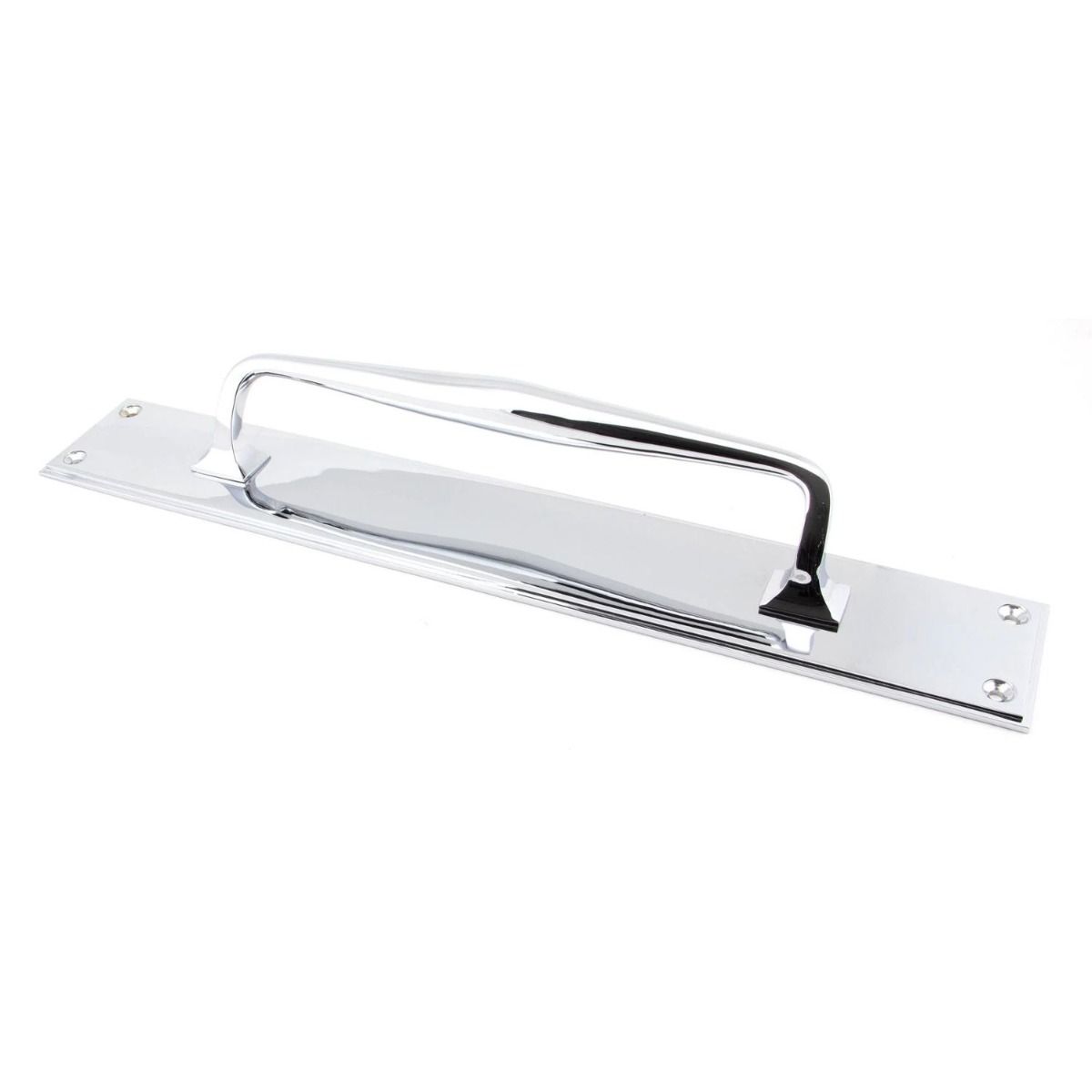425mm Swelled Grip Door Handle with Backplate in Polished Chrome on a White Background 