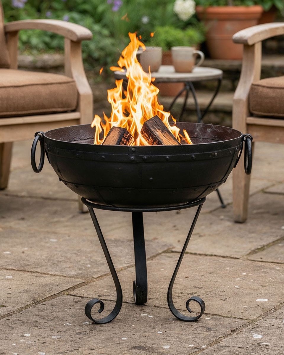 Digital Illustration of the Iron Kadai Fire Bowl Fully Lit on a Garden Patio