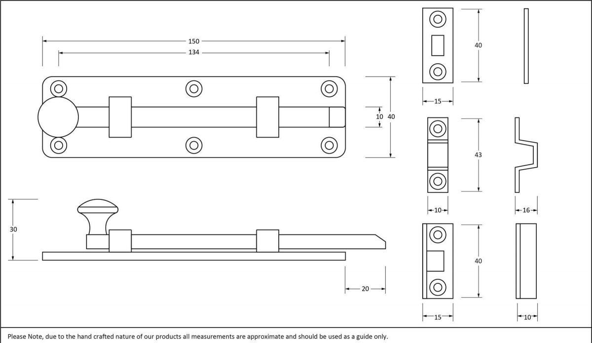 6" Universal Bolt in Antique Pewter Dimensions
