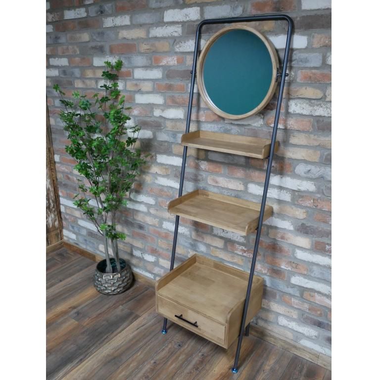 Freestanding Shelving Unit with Mirror in Situ Freestanding Shelving Unit with Mirror in Situ