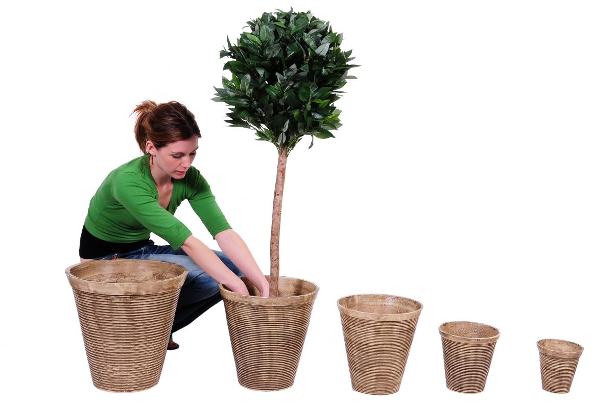 “New Moon Lodge” contemporary aluminium planters finished in "rattan" colour wash