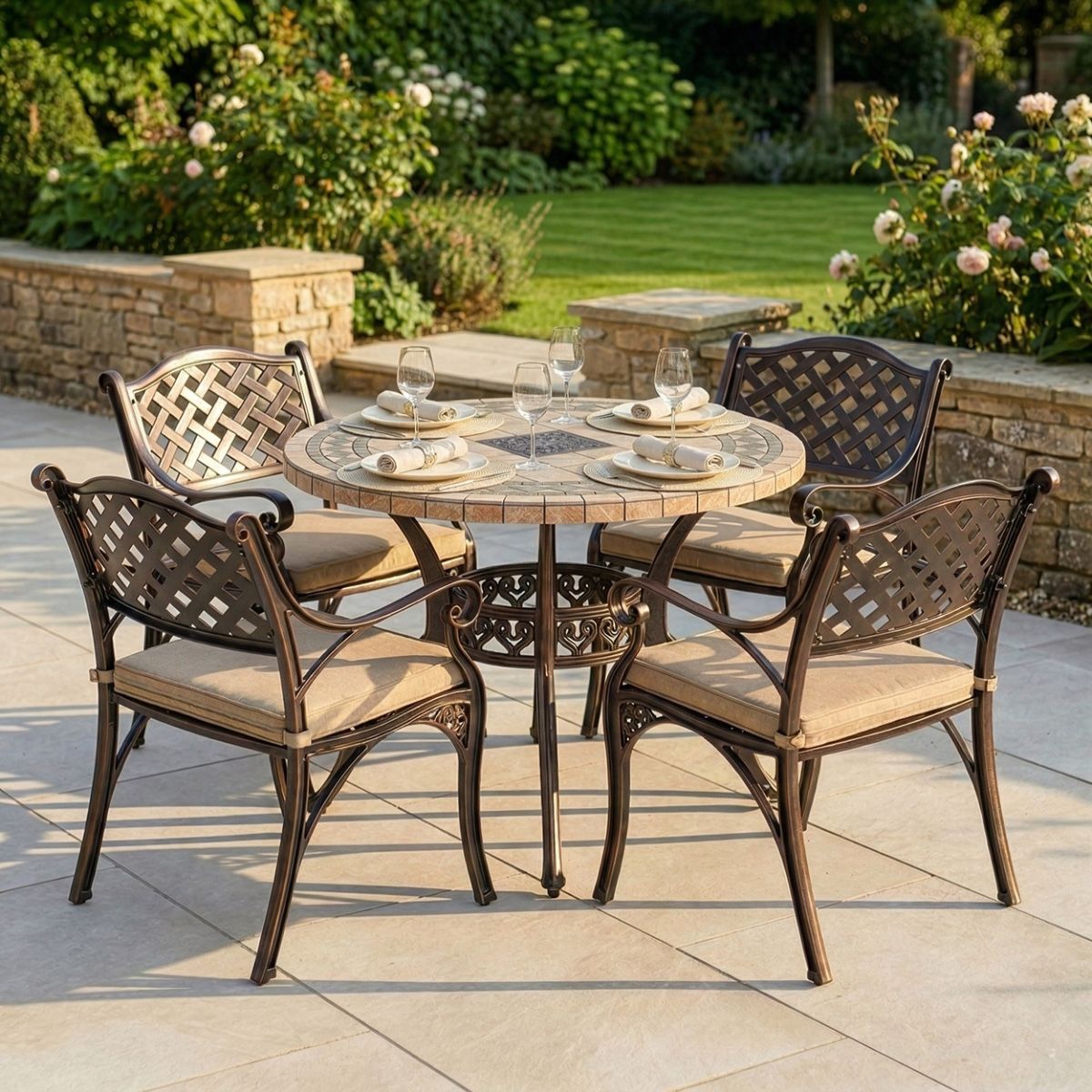 "Abberton" Antique Copper Four Seater Outdoor Dining Set digital illustration dressed table