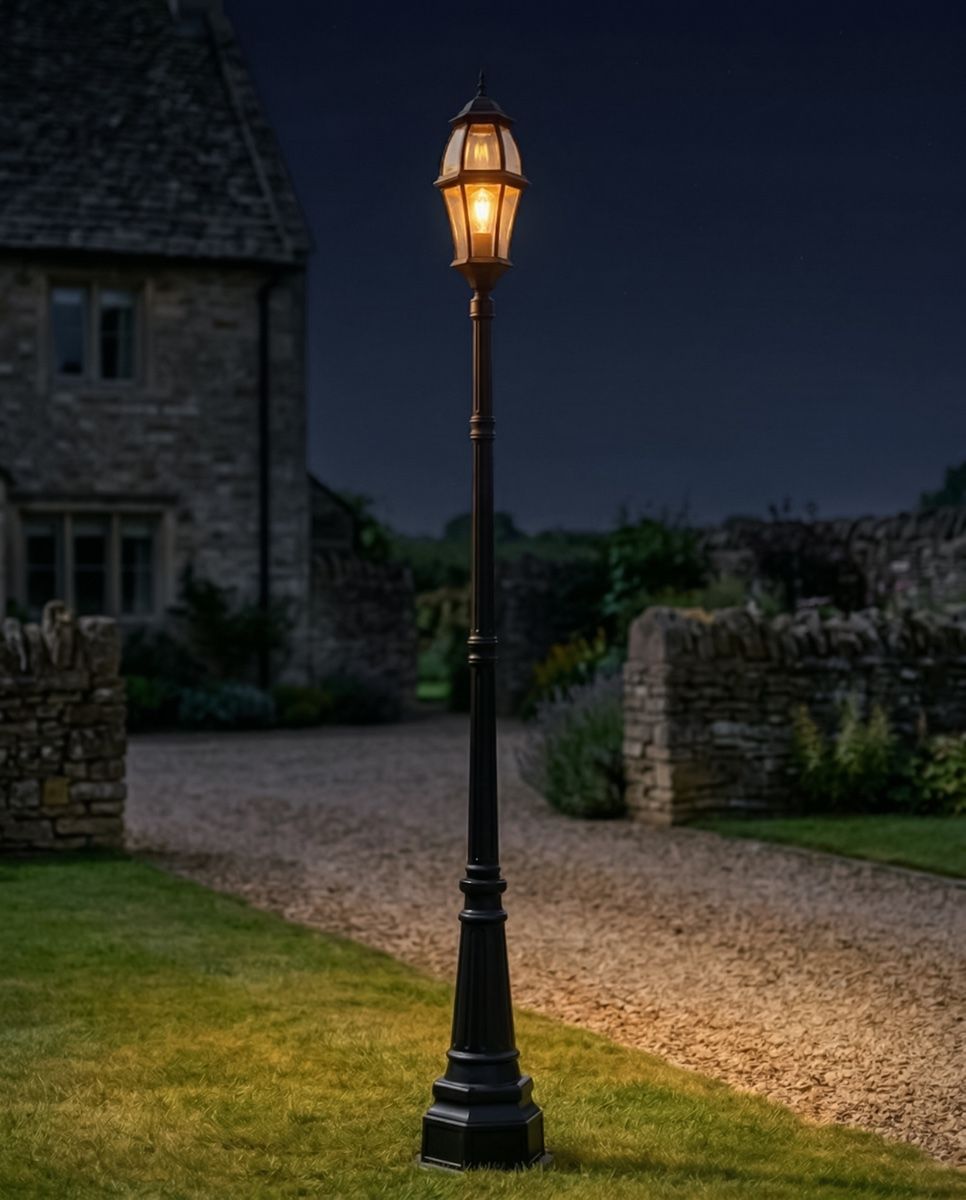 "Atlas" Traditional Black Garden Lamp Post - 2.9m digital illustration at night