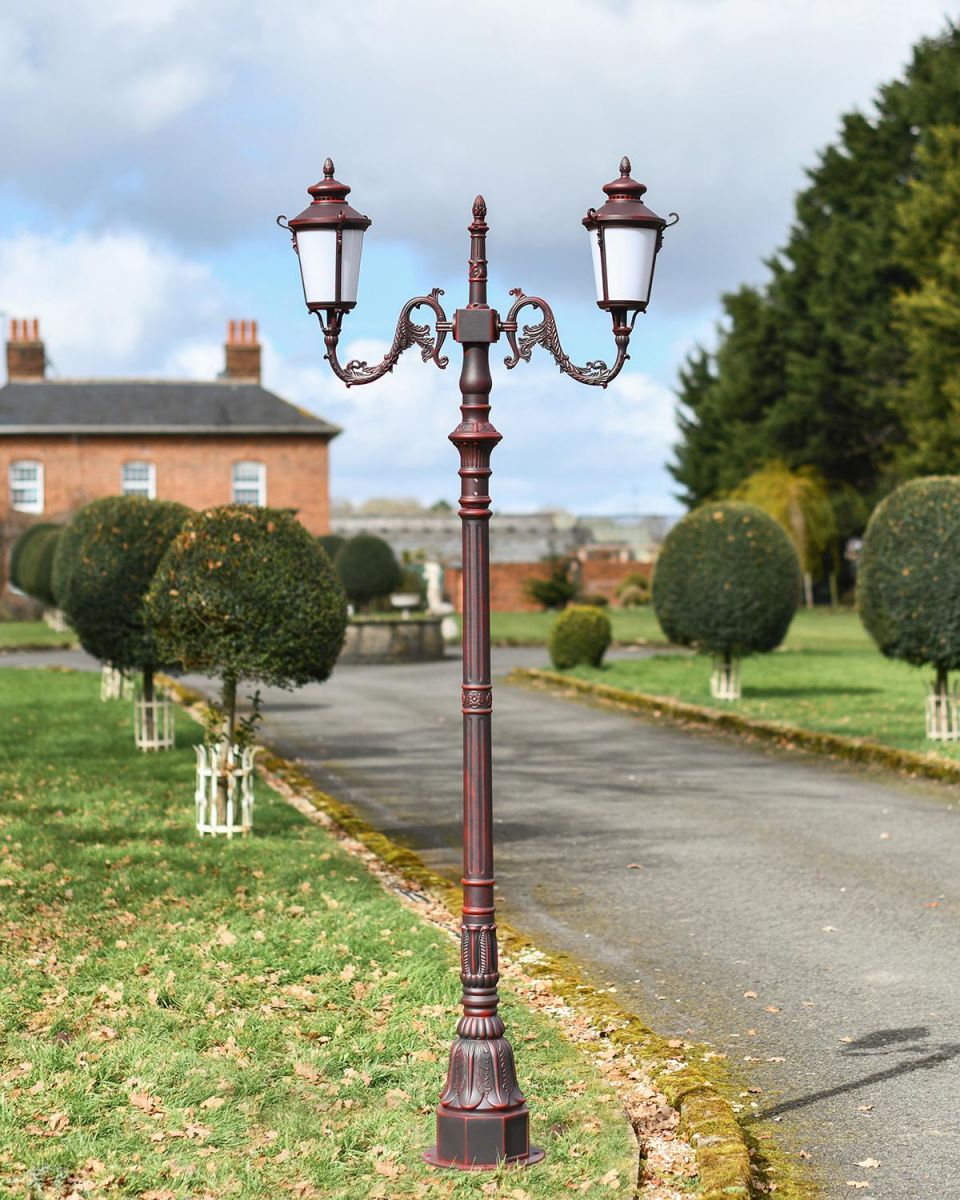 "Autumnhall" Double Headed Antique Red Traditional Lamp Post in Situ on a Driveway