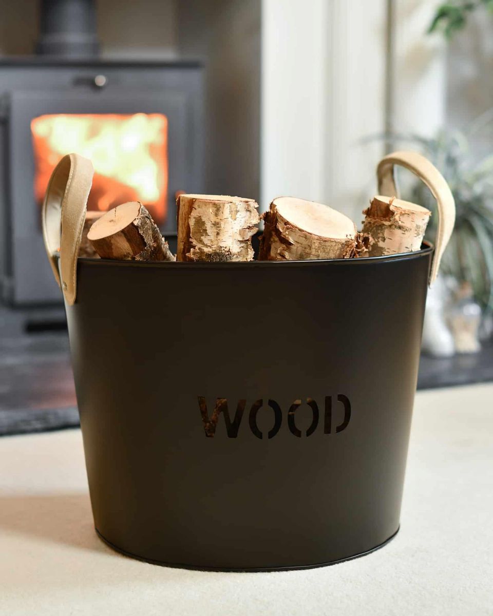 "Brettington" Powder Coated Iron Wood Basket in Situ "Brettington" Powder Coated Iron Wood Basket in Situ