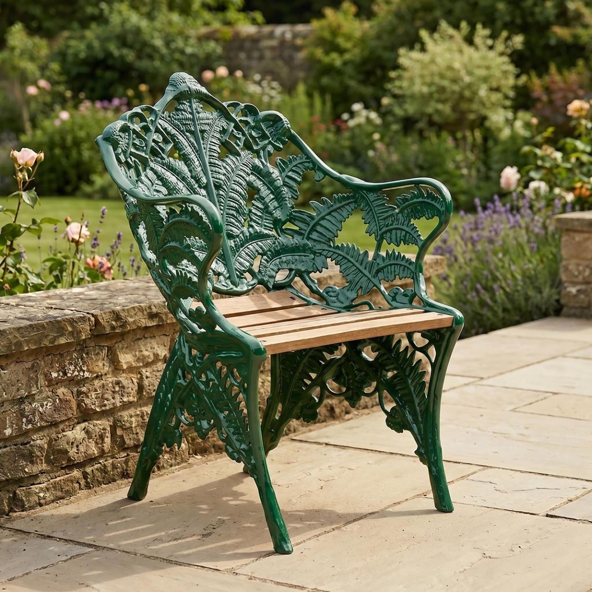 "Coalbrookdale" Cast Aluminium One Seater Bench Green Digital Illustration