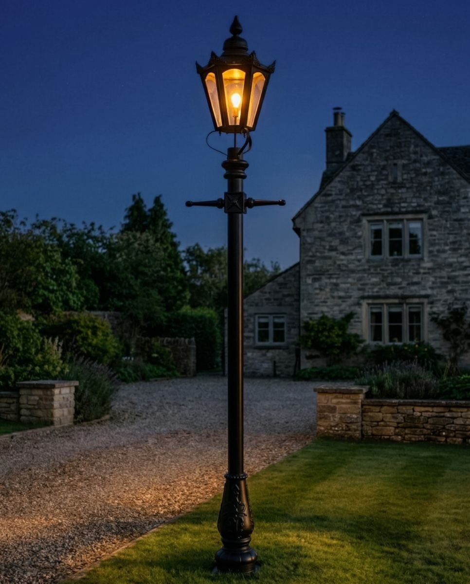 "Concordia" Lamp Post & Hexagonal Lantern - Black 3.2m digital illustration at night