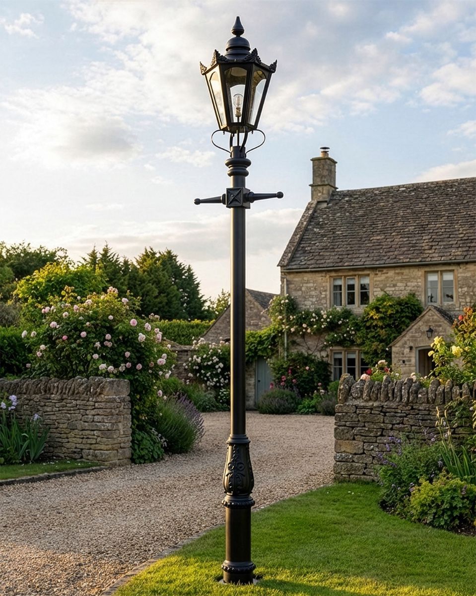 "Concordia" Lamp Post & Hexagonal Lantern Finished in Black digital illustration