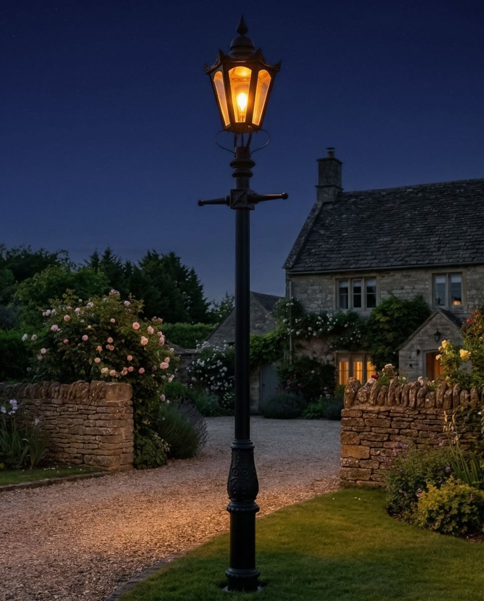 "Concordia" Lamp Post & Hexagonal Lantern Finished in Black digital illustration at night