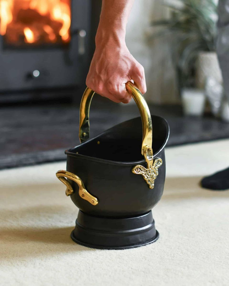 Scale Shot of "Countess" Black Iron & Polished Brass Coal Bucket