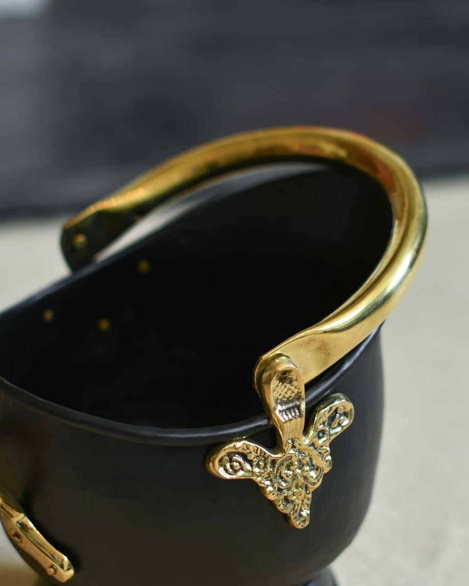 Close-Up of "Countess" Black Iron & Polished Brass Coal Bucket