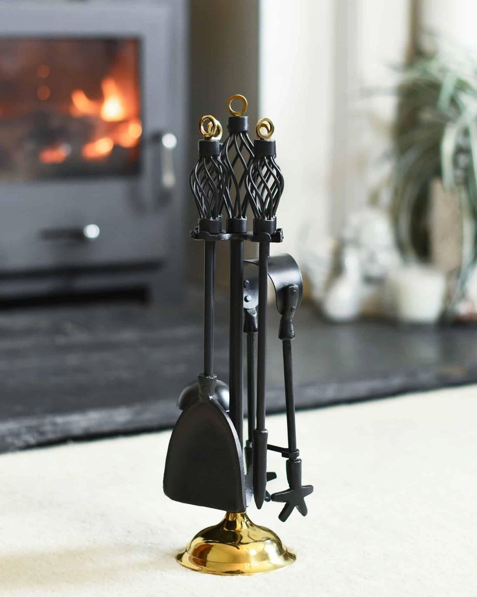 "Dudley" Polished Brass & Black Iron Fireside Companion Set - 45cm in Situ