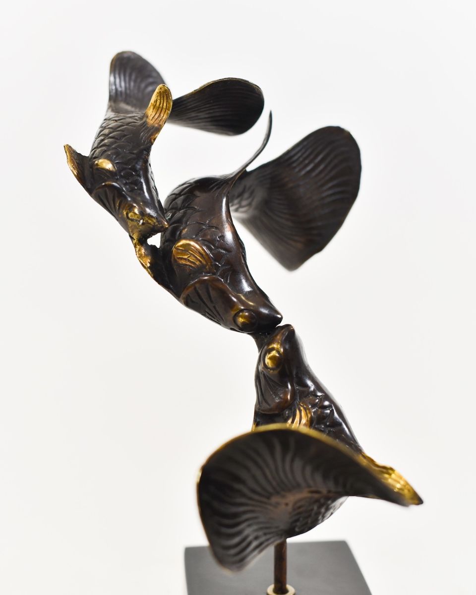"Duelling Currents" Koi Ornament in Cast Brass close up image