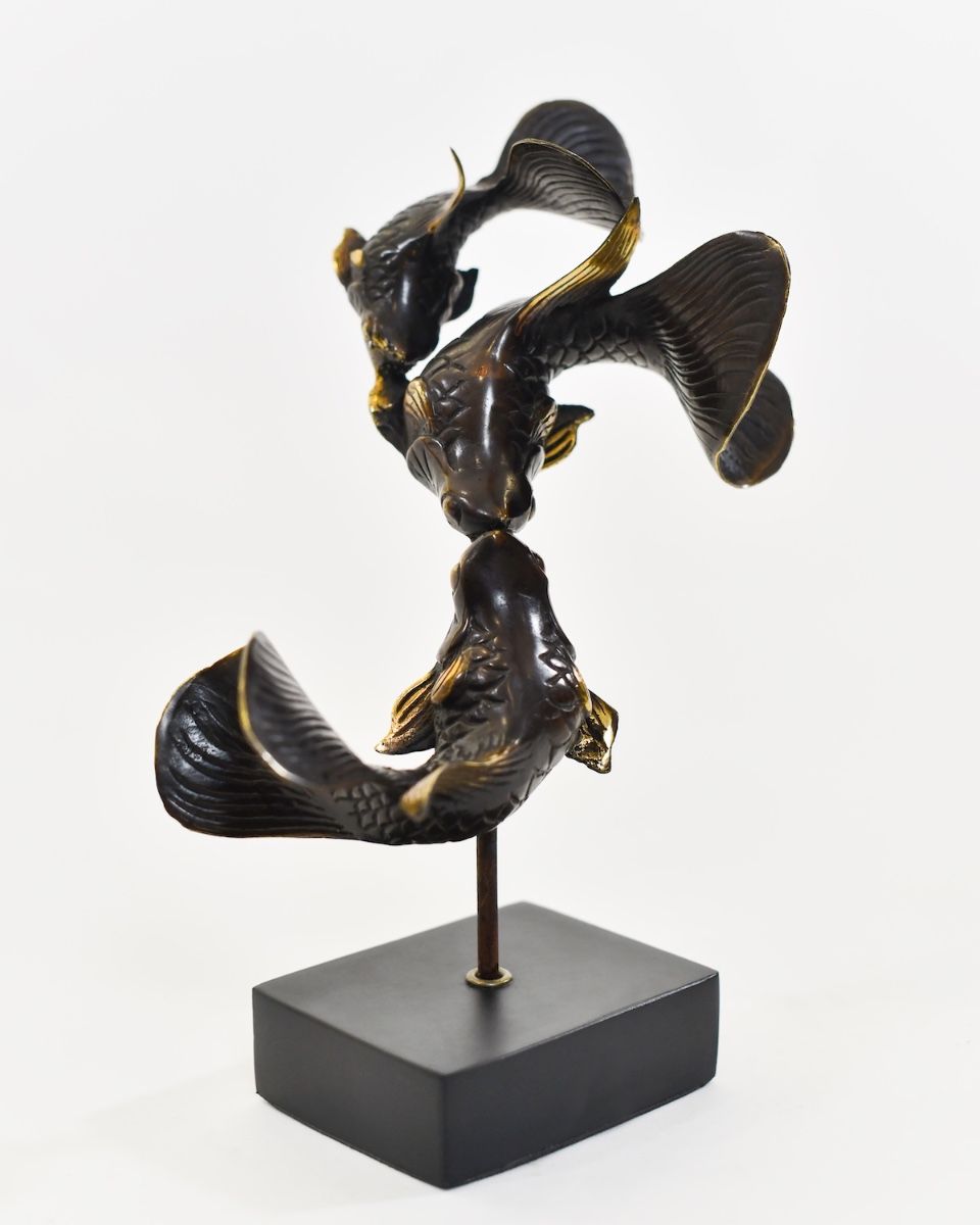 "Duelling Currents" Koi Ornament in Cast Brass angled view