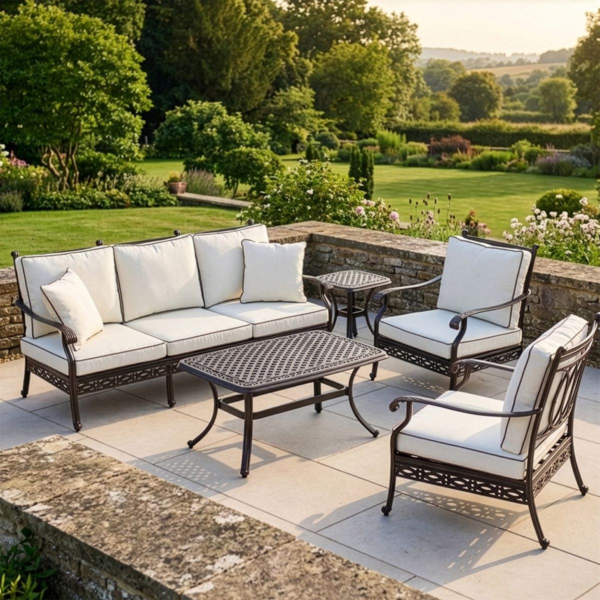 "Elmswood" Outdoor Lounge Set With Sofa, Table & Chairs digital illustration