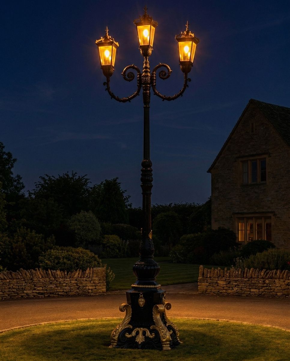 "Empress Eleanor" Black & Gold Ornate Lamp Post digital illustration at night