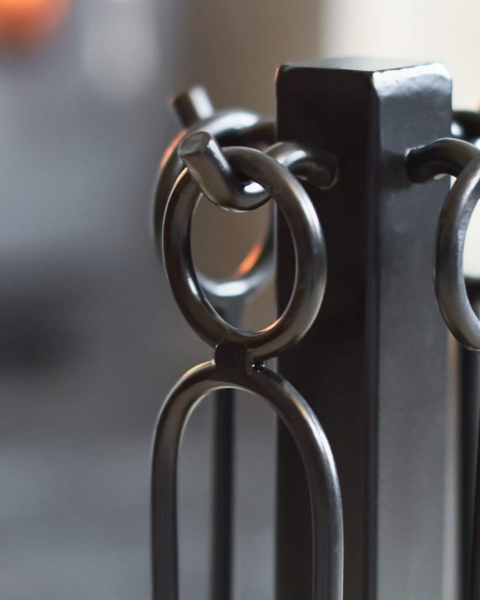 Close-Up of Looped Handle "Francisco" Black Contemporary Fireside Companion Set 40cm