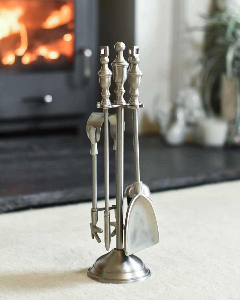 "Grecian" Pewter Fireside Companion Set 40cm in Situ