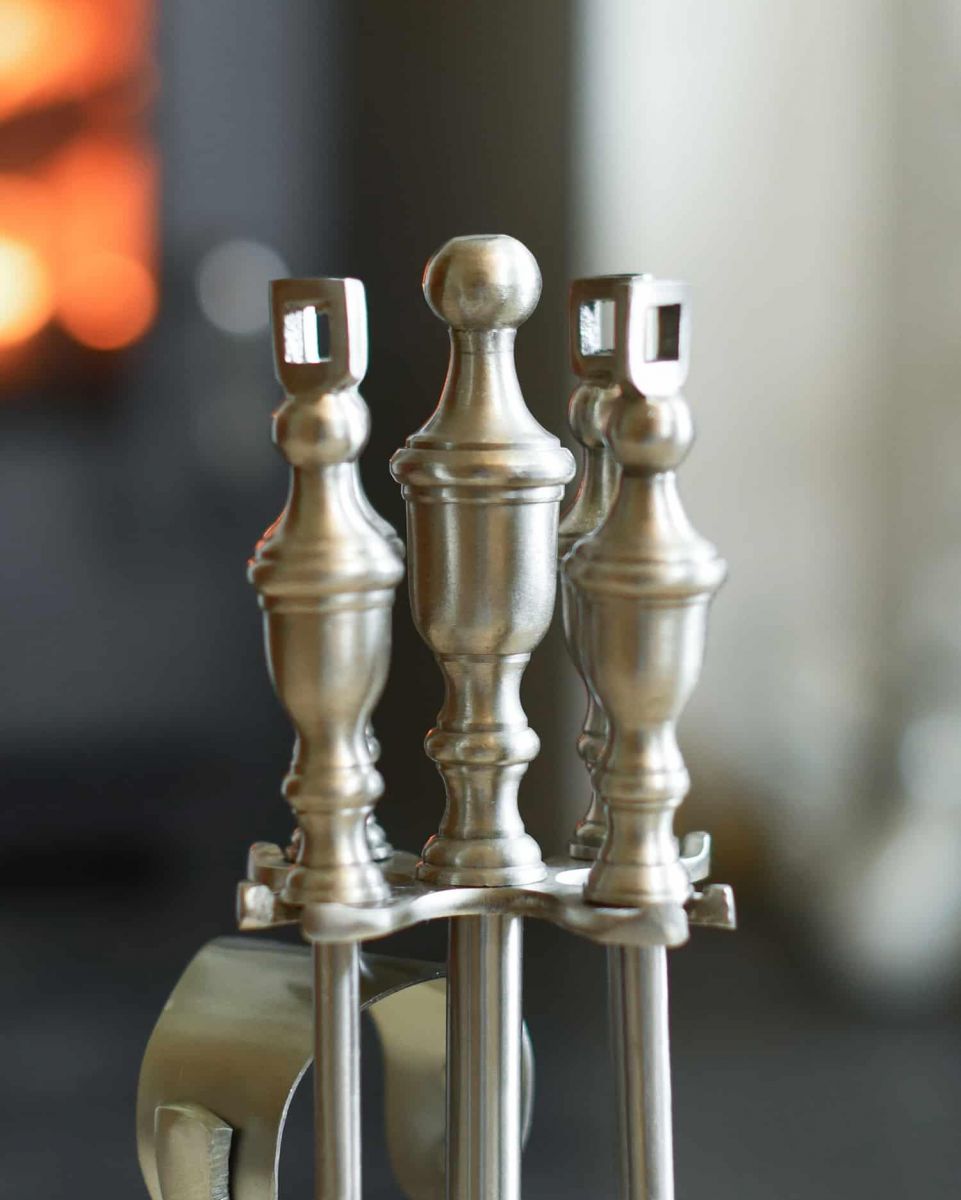 Close-Up of "Grecian" Pewter Fireside Companion Set 40cm