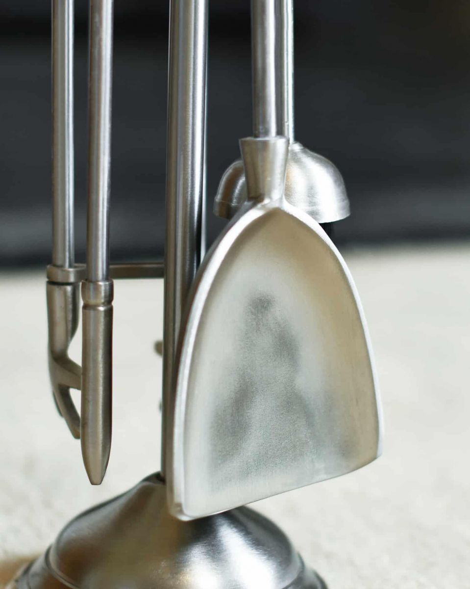 Close-Up of Tools for "Grecian" Pewter Fireside Companion Set 40cm