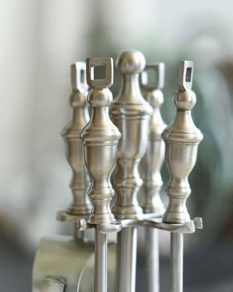 Close-Up of Handles on "Grecian" Pewter Fireside Companion Set 40cm