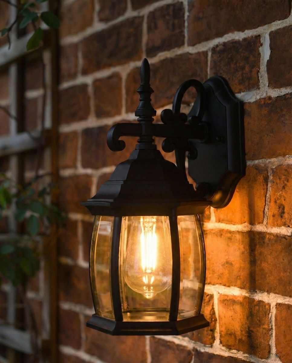 Digital representation of "Hatton" Traditional Wall Light lit up at night