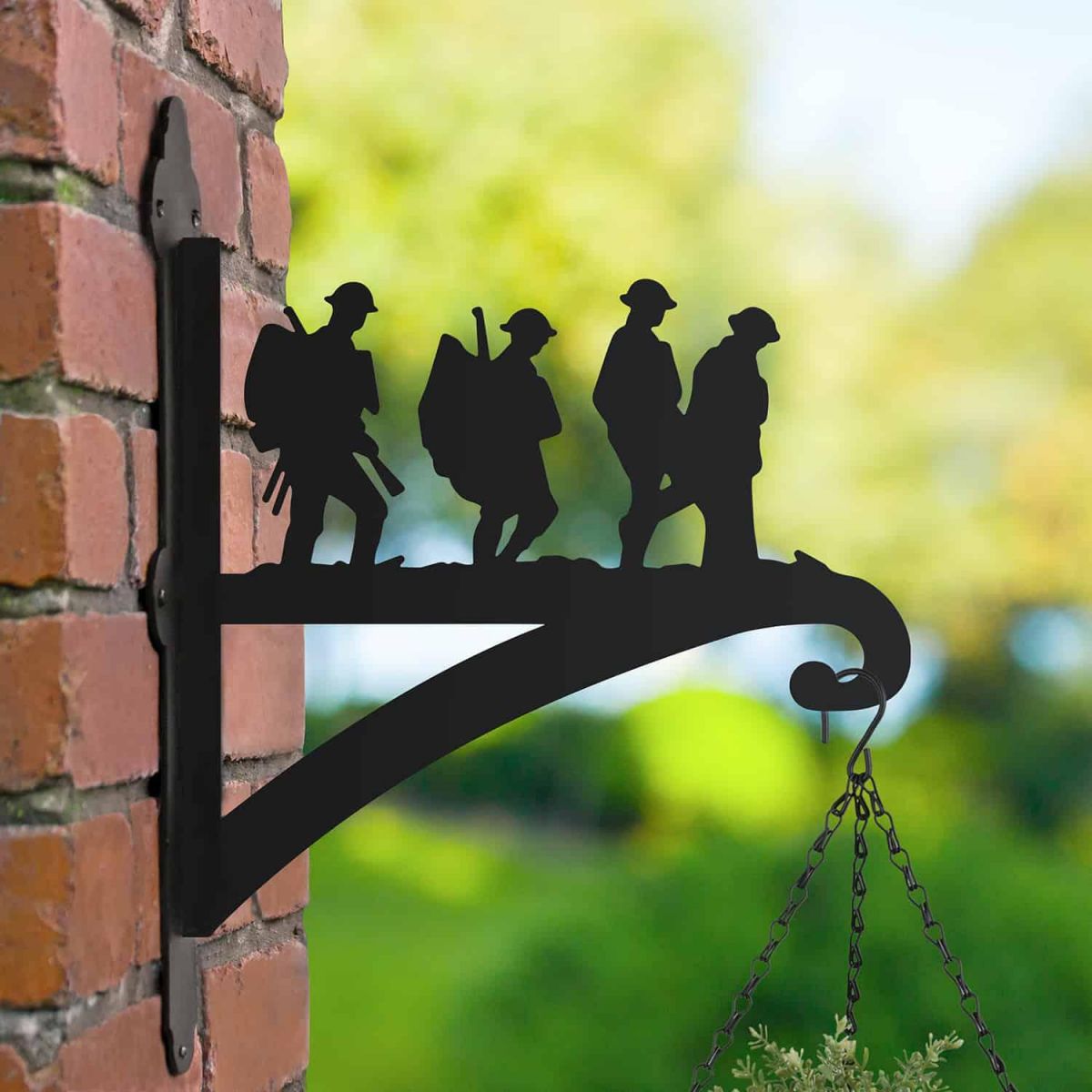 Steel Hanging Basket Bracket with "In Formation" Walking Soldiers Topper