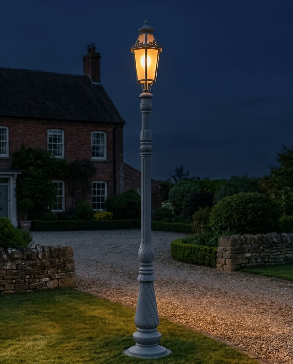 "Ivywood" Matt Grey Traditional Lamp Post - 3m digital illustration at night