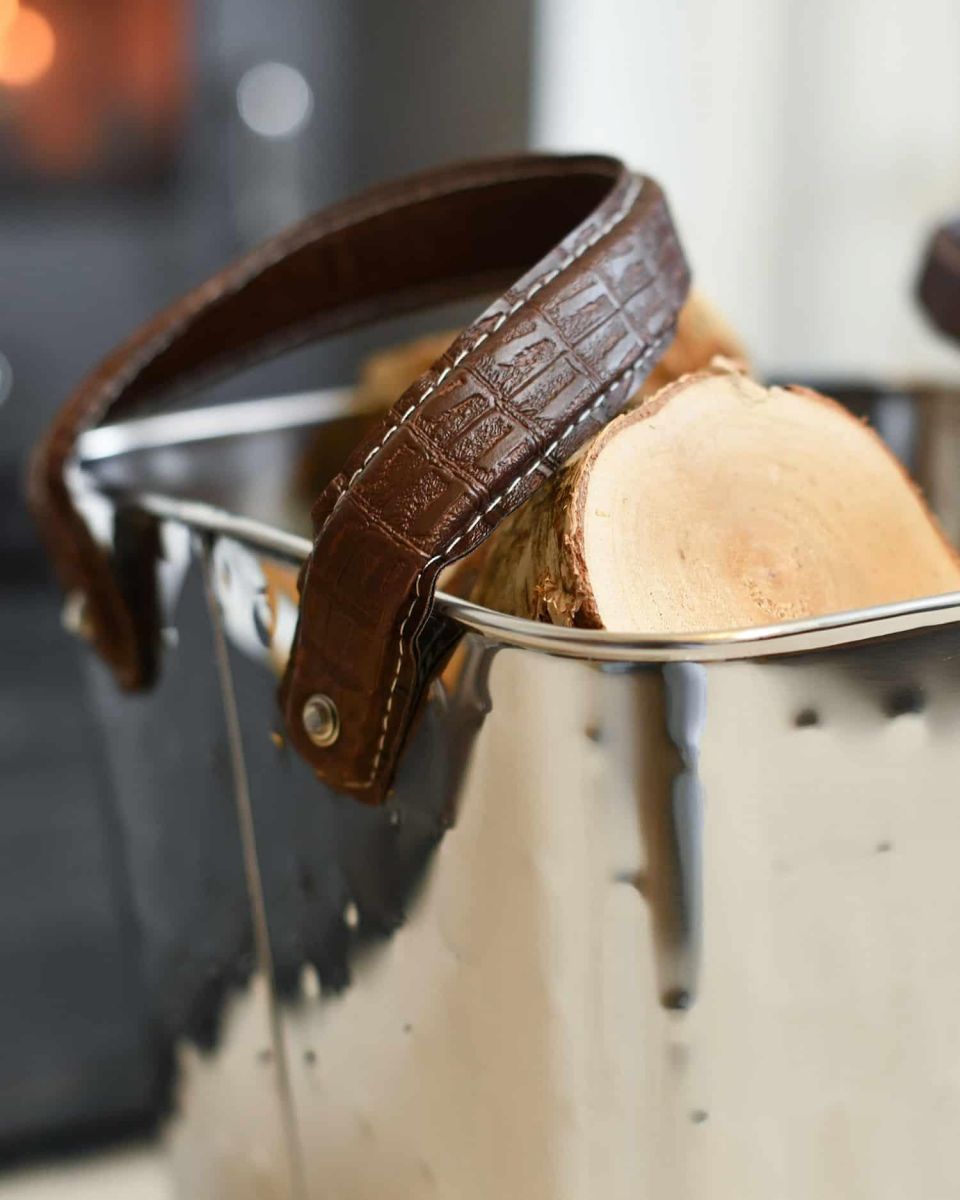 Close-Up of Leather Handle on "Keatley" Square Stainless Steel Log Holder Close-Up of Leather Handle on "Keatley" Square Stainless Steel Log Holder