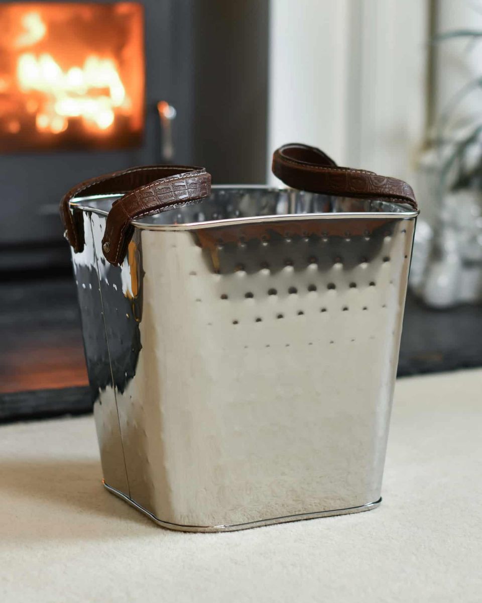 Empty "Keatley" Square Stainless Steel Log Holder in Situ Empty "Keatley" Square Stainless Steel Log Holder in Situ