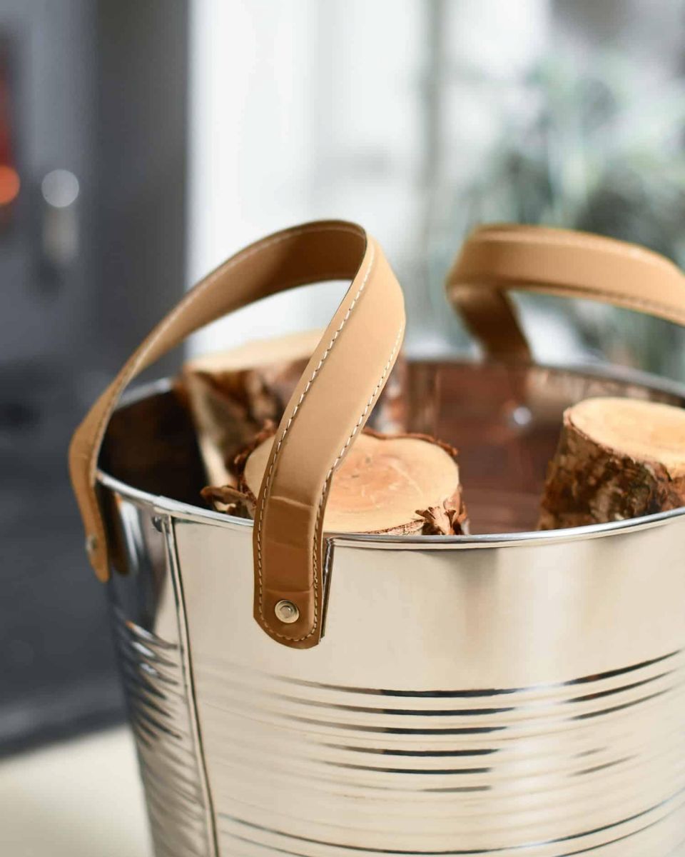 Close-Up of "Kinsbury" Ribbed Stainless Steel Log Holder