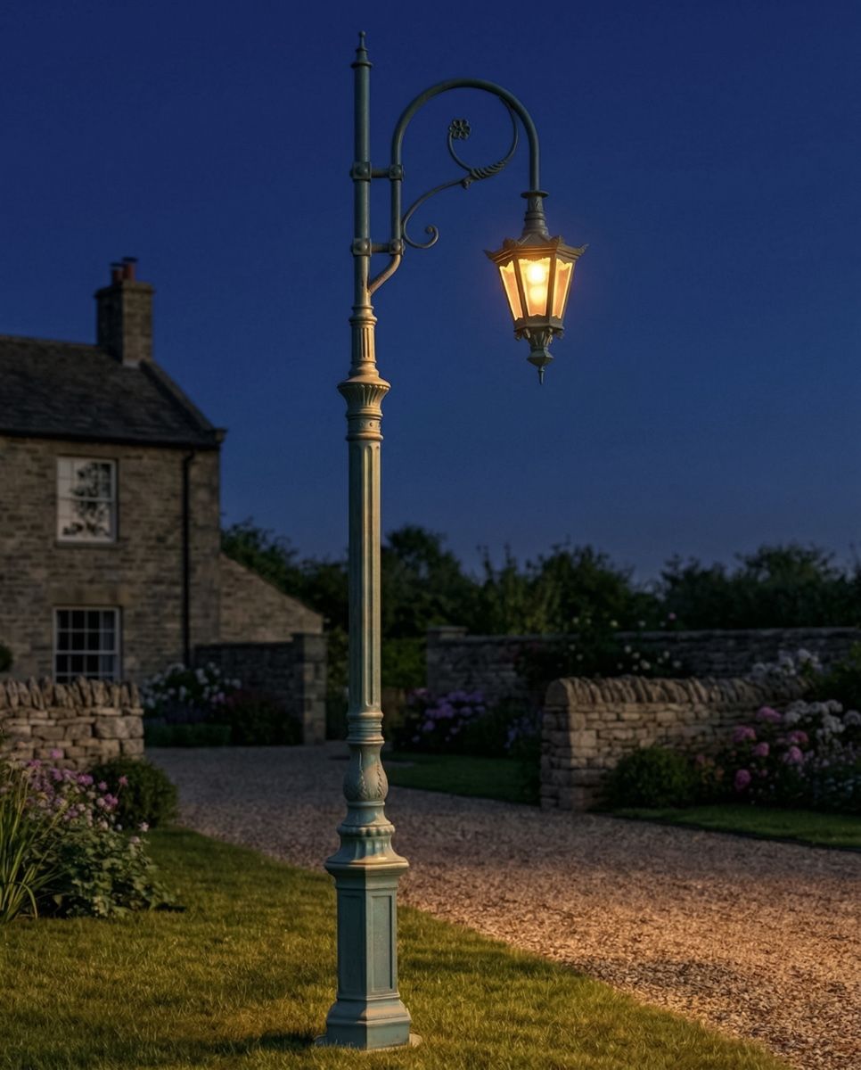 "Lady Adelaide" Antique Blue Cast Iron Ornate Swan Neck Lamp Post 2 digital illustration at night
