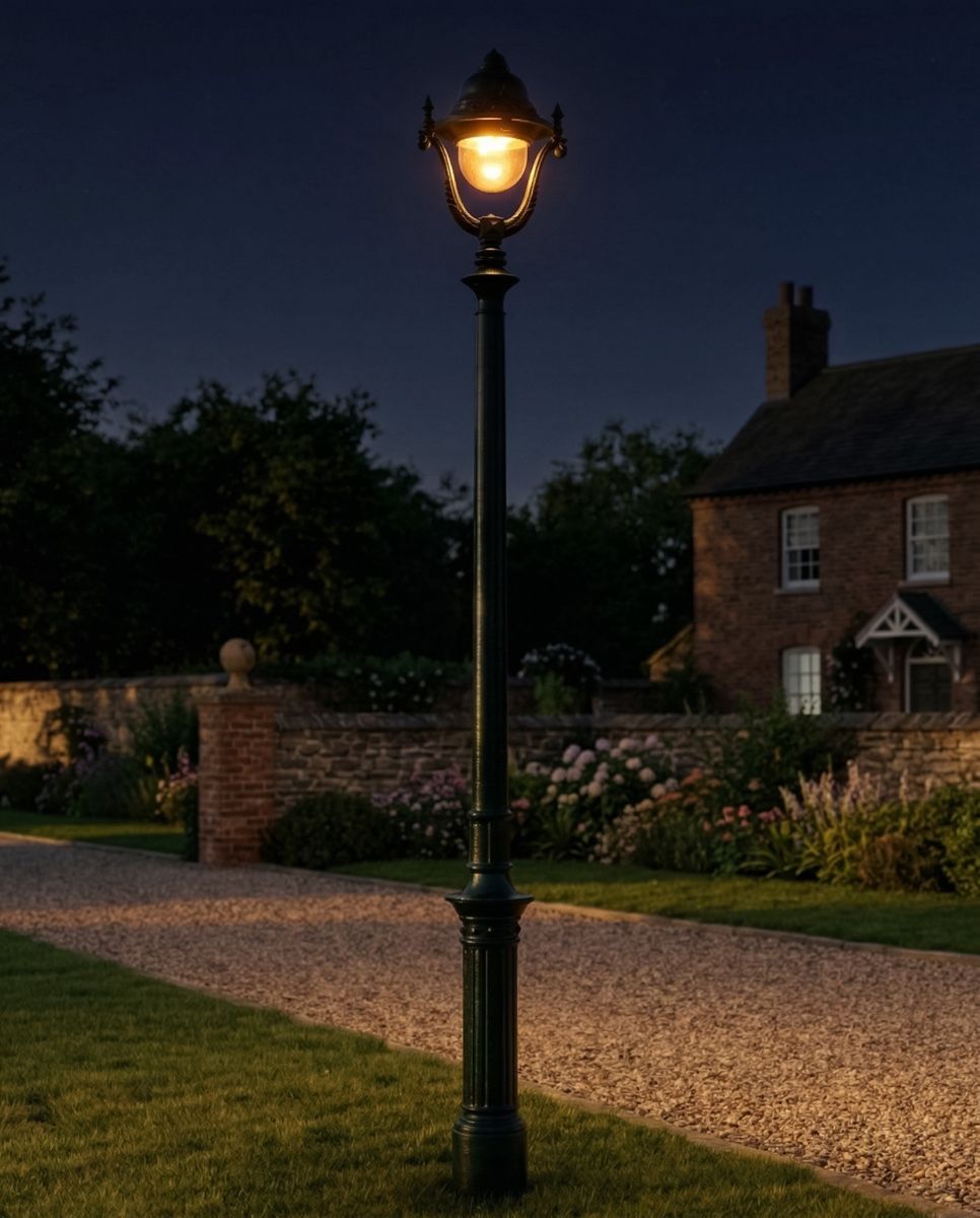 "Lady Antonia" Antique Green Opulent Cast Iron Lamp Post 2.5m digital illustration at night