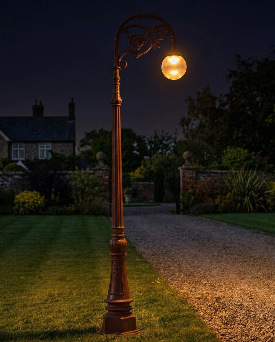 "Lady Arabella" Antique Red Ornate Cast Iron Globe Lamp Post 2.5m digital illustration at night