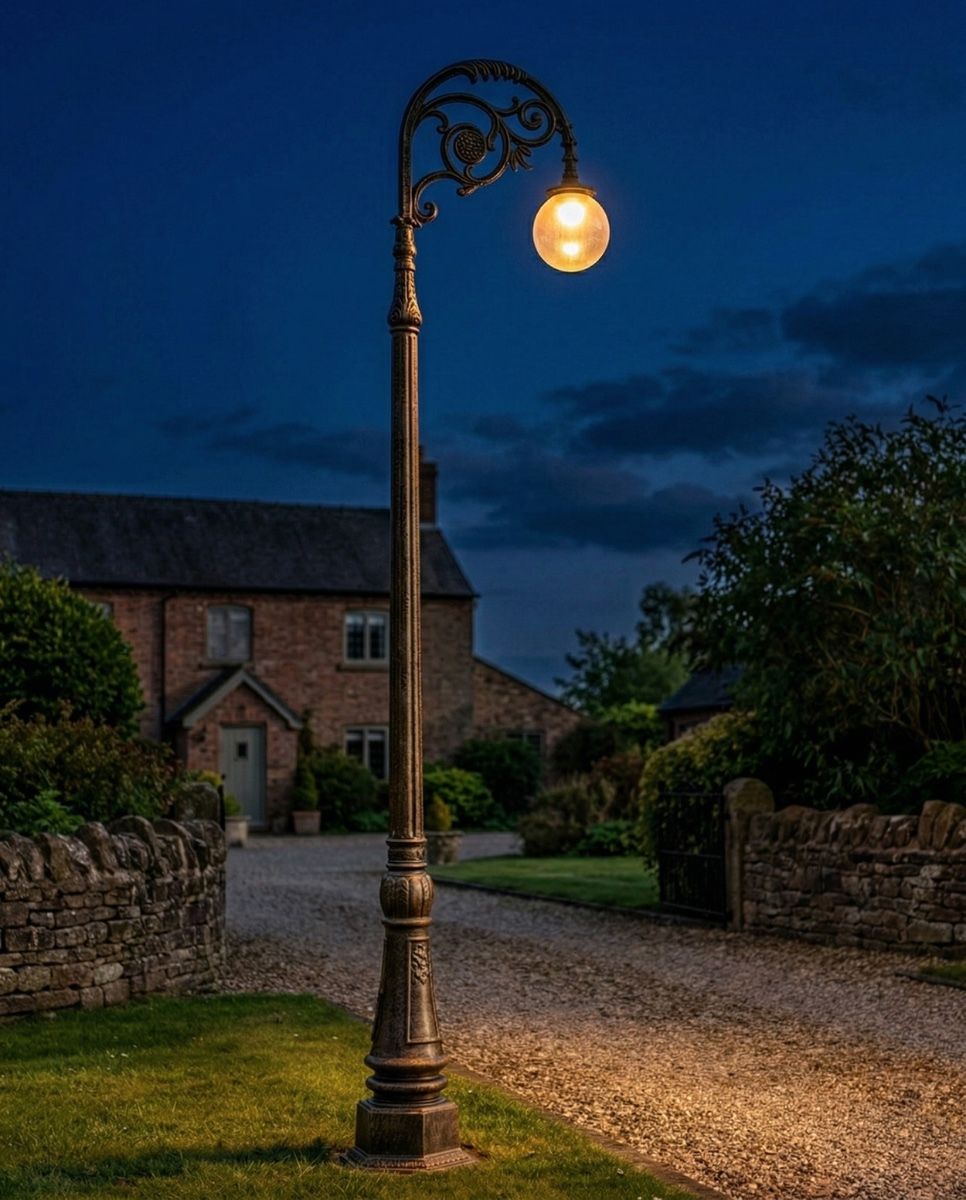 "Lady Athena" Deluxe Antique Gold Ornate Cast Iron Globe Lamp Post 3m digital illustration at night