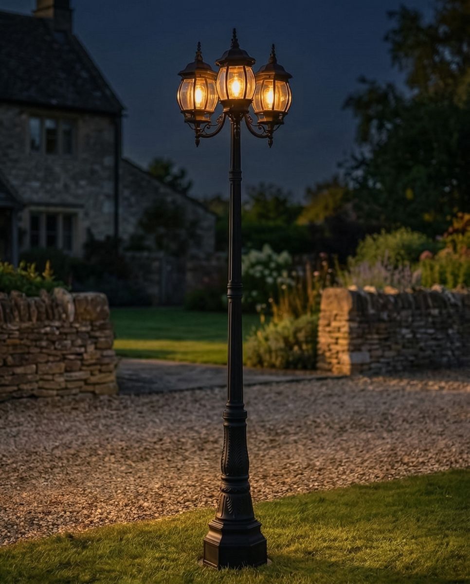 "Lady Blakemore" Triple-Headed Globe Lamp Post - 2.57m digital illustration at night