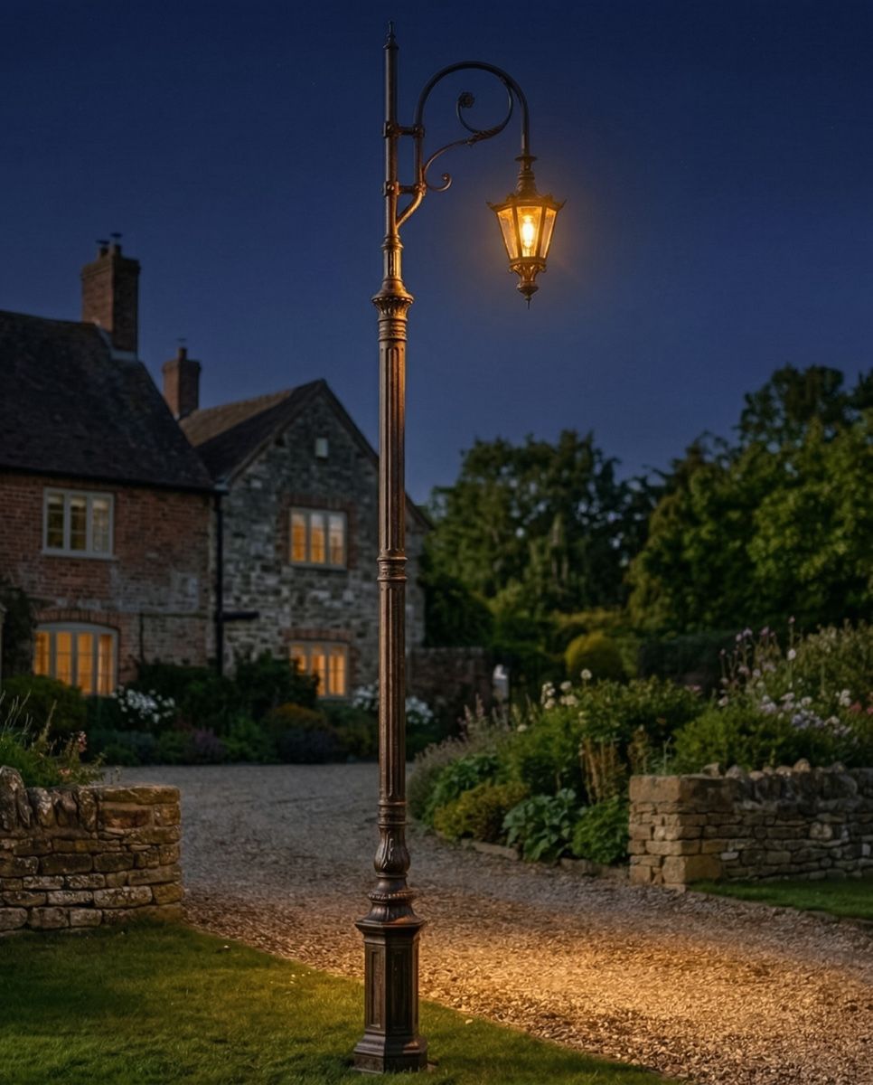 "Lady Claudette" Deluxe Antique Copper Ornate Cast Iron Swan Neck Lamp Post 3.5m digital illustration at night