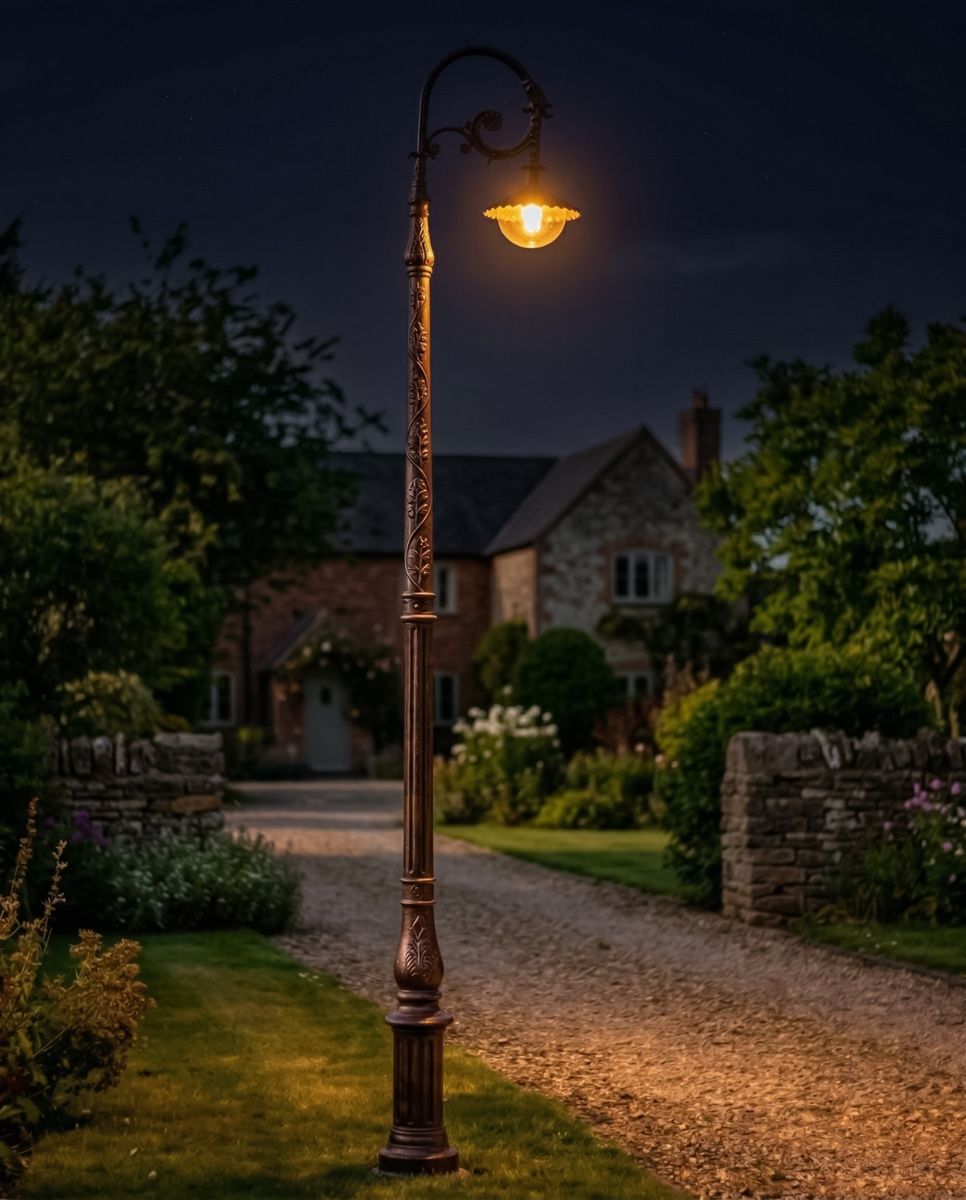 "Lady Harmonia" Copper Finish Ornate Victorian Cast Iron Lamp Post 3.5m digital illustration at night