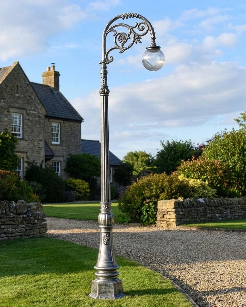 "Lady Lucille" Antique Silver Ornate Cast Iron Globe Lamp Post 2.5m digital illustration