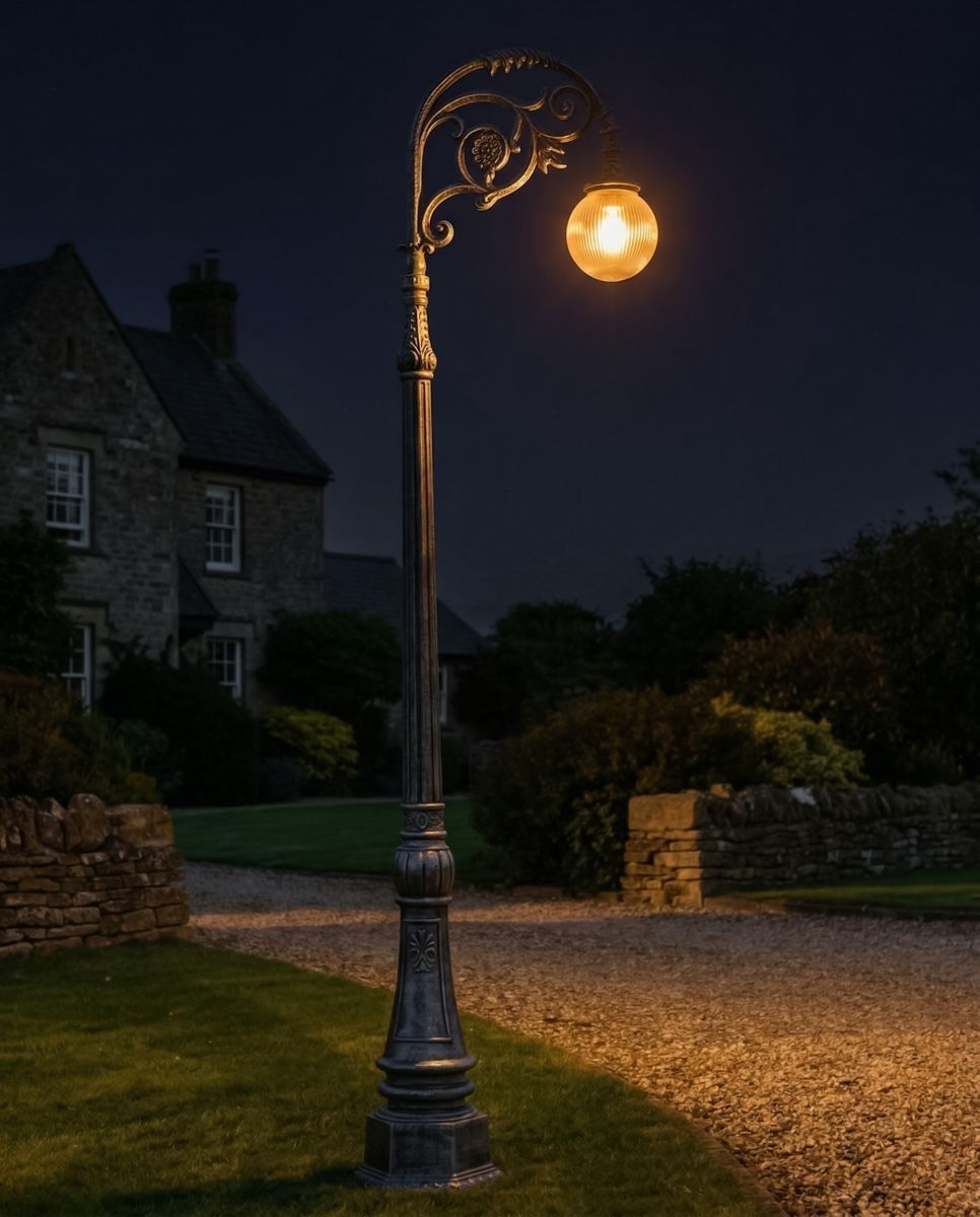 "Lady Lucille" Antique Silver Ornate Cast Iron Globe Lamp Post 2.5m digital illustration at night
