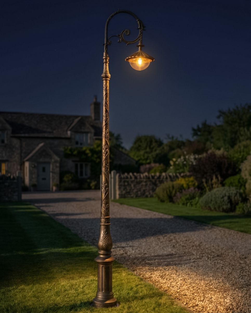 "Lady Oralie" Antique Gold Deluxe Cast Iron Victorian Lamp Post 3.1m digital illustration at night