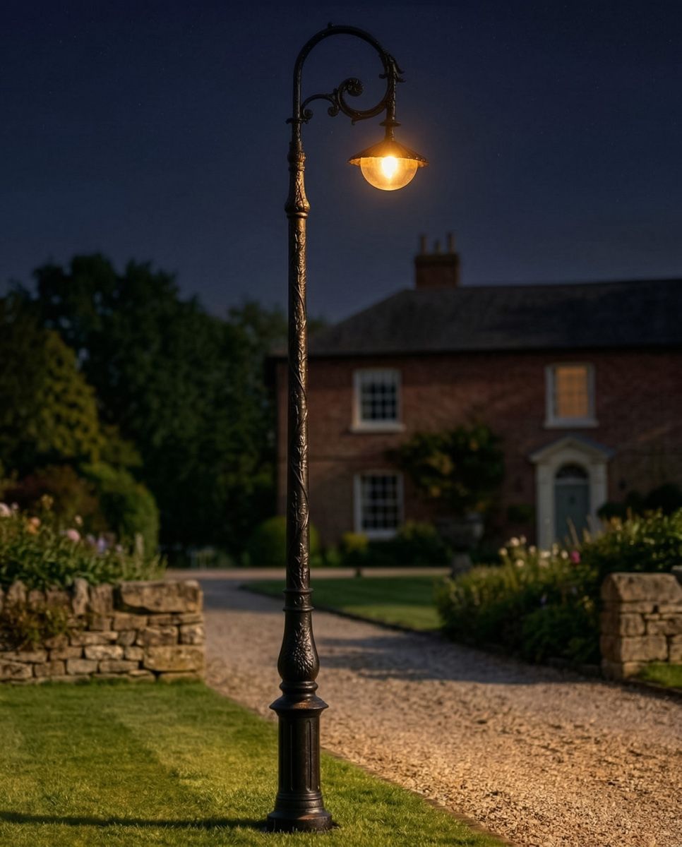 "Lady Oralie" Black Deluxe Cast Iron Victorian Lamp Post 3m digital illustration at night