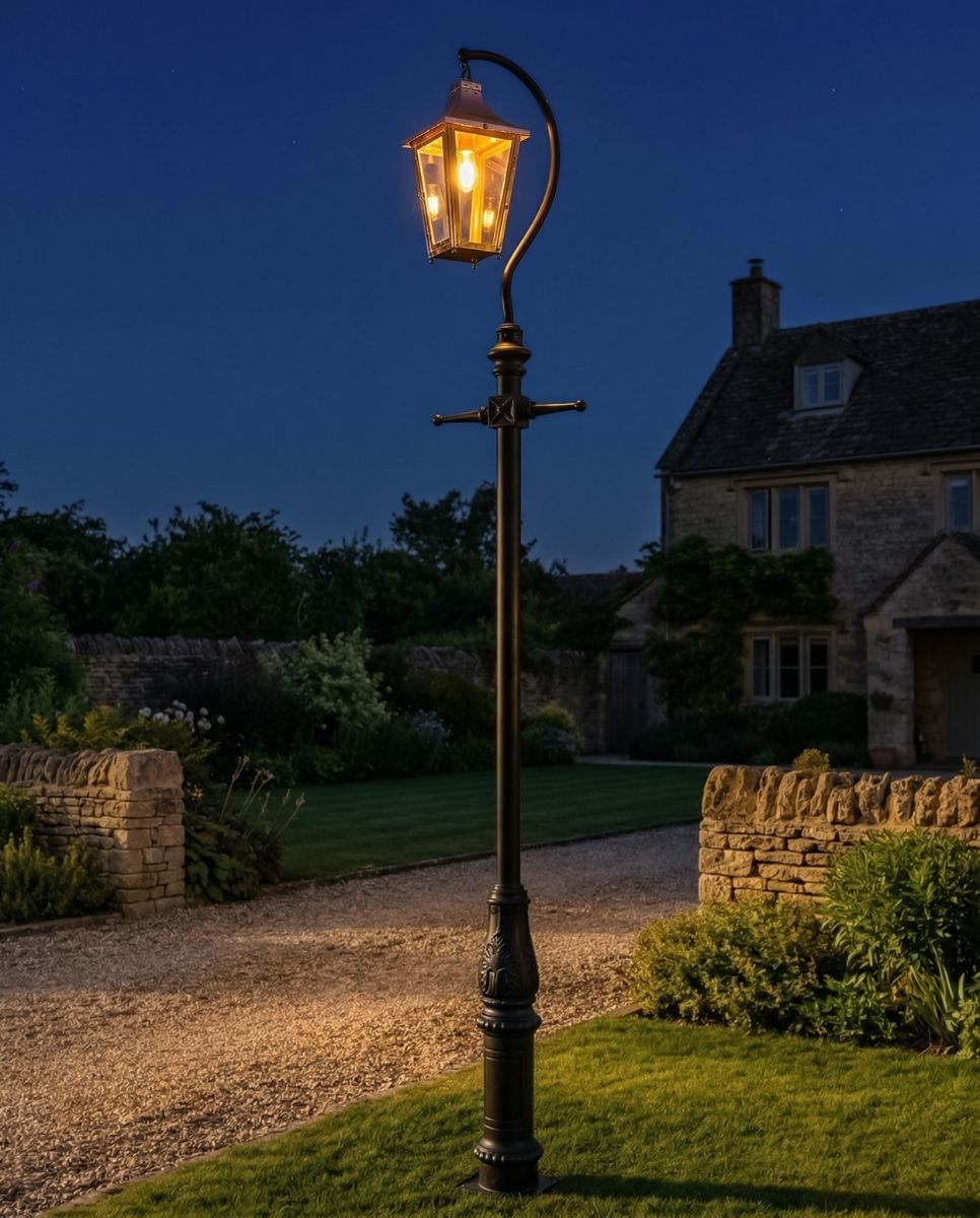 "Lincoln" Copper Swan Neck & Lamp Post 4.6m digital illustration at night