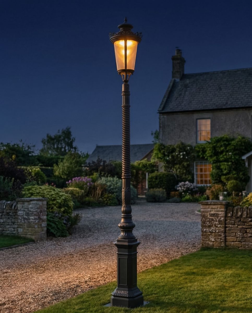 "Longthorpe" Black Traditional Lamp Post - 2.6m digital illustration at night