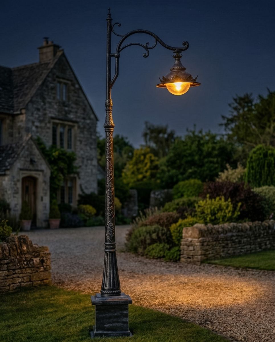 "Lord Arian" Antique Silver Ornate Gothic Cast Iron Lamp Post 2.5m digital illustration at night