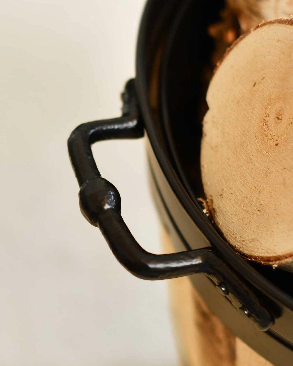 Close-Up of Handles on "Lornedale" Wooden and Cast Iron Log Holder - 39cm