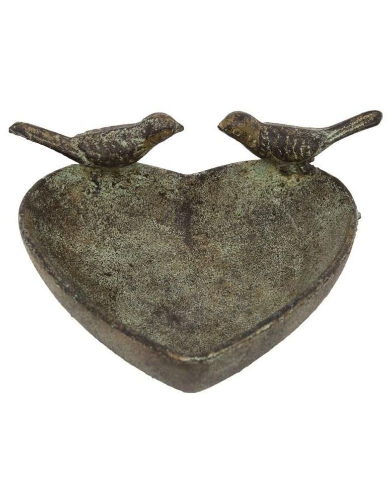 "Lovebirds" Heart-Shaped Bird Bath in a Rustic Verdigris Finish