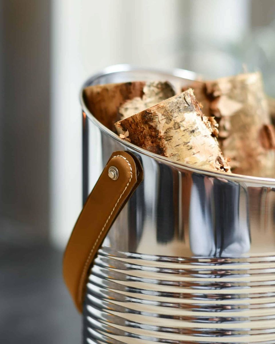Close-Up of "Mckinley Lodge" Angled Stainless Log and Coal Hod with Logs Close-Up of "Mckinley Lodge" Angled Stainless Log and Coal Hod with Logs